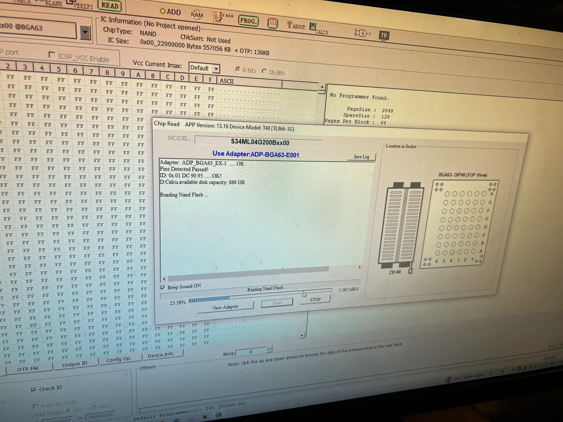 Xgpro reading the NAND through the T48 programmer