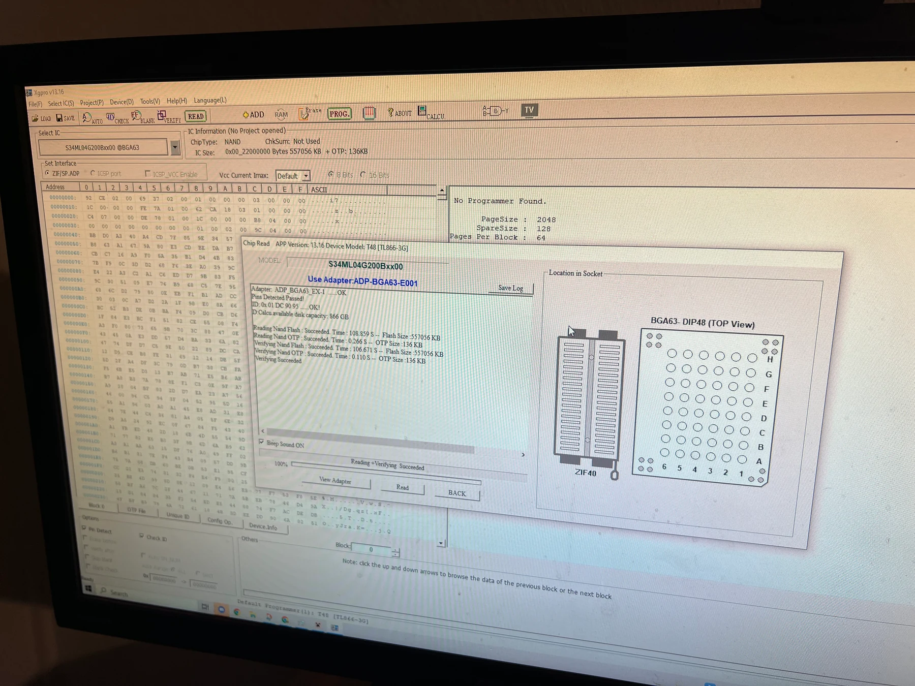 Successful NAND read and verification in Xgpro